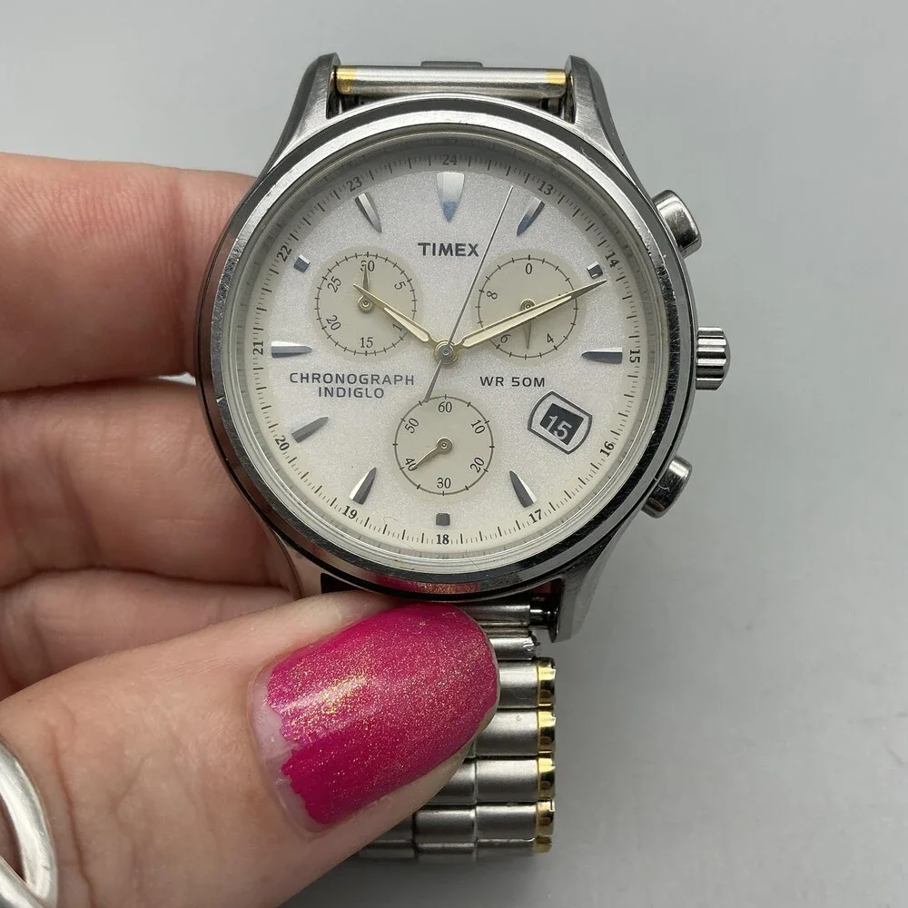 Timex Chronograph Indiglo Mens Watch 38mm Silver Tone Date Stretch New Battery